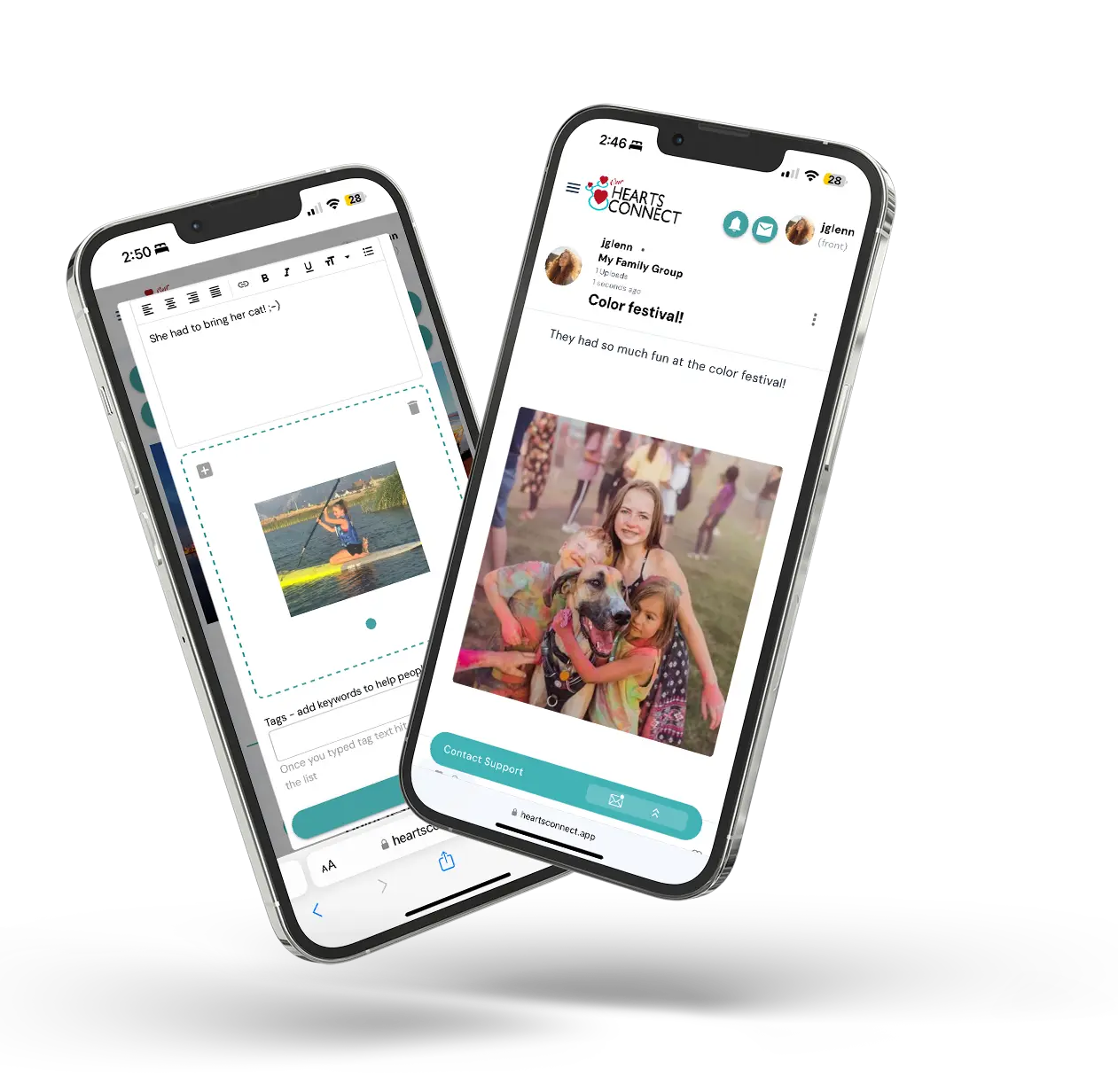 Hearts Connect mobile app showing secure photo sharing and communication for adoptive families and birth parents in an open adoption.