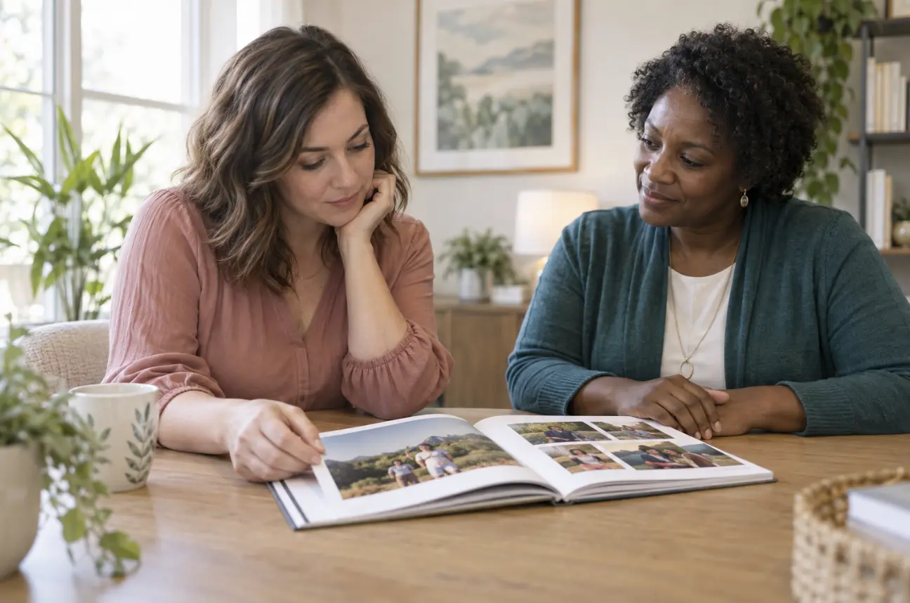 A woman reviewing a family photo book with a counselor seated beside her.